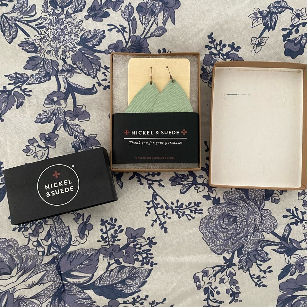 Nickel & Suede Leather Teardrop Earrings in Mint Green!  Like New Condition